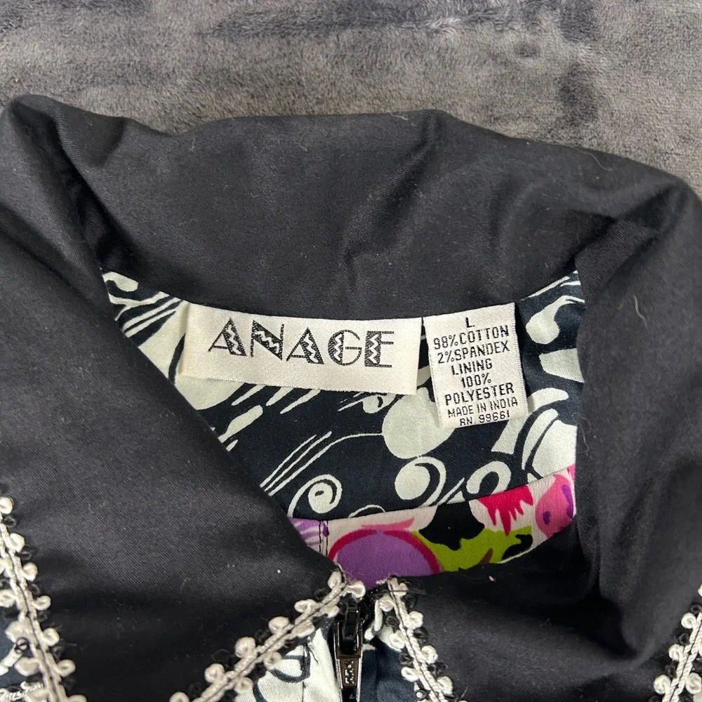 Anage Zip‎ Front Jacket Womens Large Black White Paisley Beaded Floral Lining